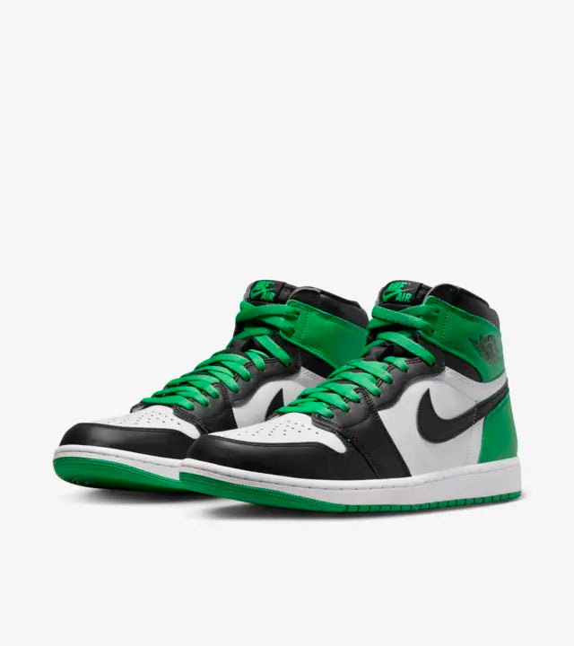 The Air Jordan 1 Retro High Black and Lucky Green is constructed using a leather upper, brought to life with shades of white, black and Lucky Green throughout. Lucky Green Nike branding sits on top of the black tongue and insoles of the sneaker, available at Cop Underdog In-store and ready to ship.