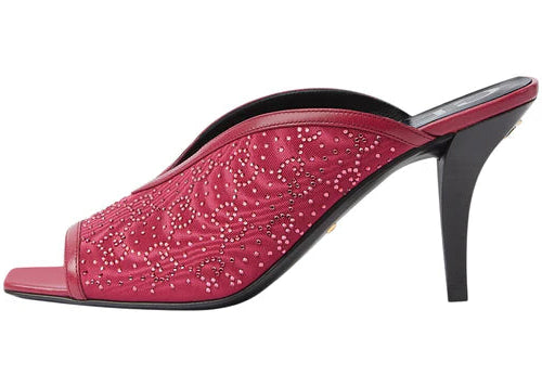 Gucci GG Crystal 75mm Heeled Sandal (Cherry Red Moire Fabric)