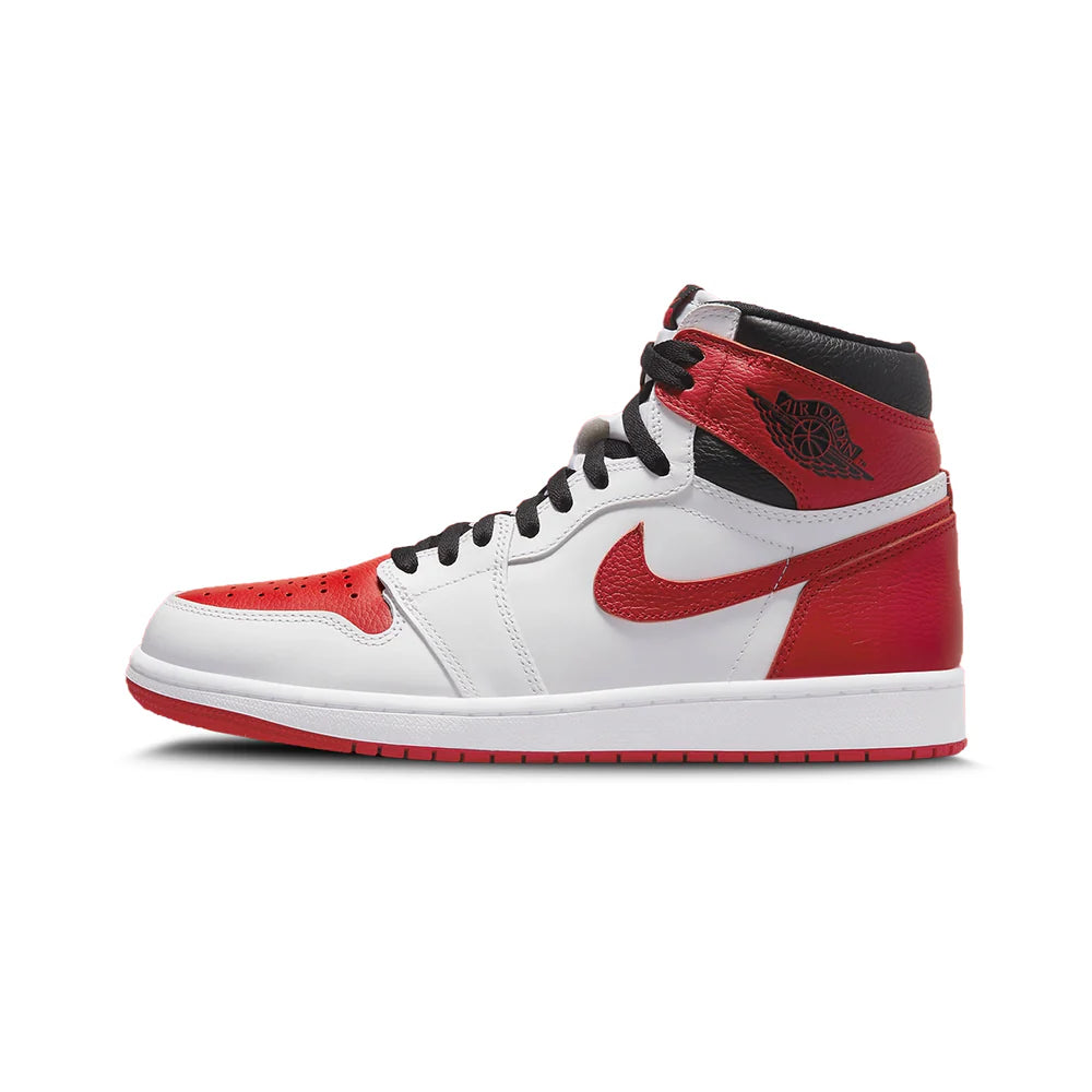 The Air Jordan 1 Retro High OG Heritage flips the original Chicago colorway for a bold, unique look. It features a white and University Red smooth leather upper with black leather collars and red Swooshes, available at Cop Underdog In-store and ready to ship.