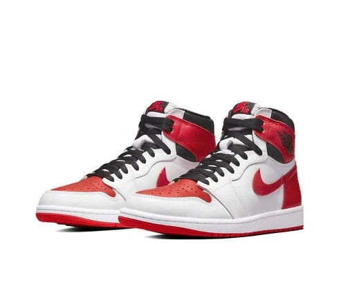 The Air Jordan 1 Retro High OG Heritage flips the original Chicago colorway for a bold, unique look. It features a white and University Red smooth leather upper with black leather collars and red Swooshes, available at Cop Underdog In-store and ready to ship.