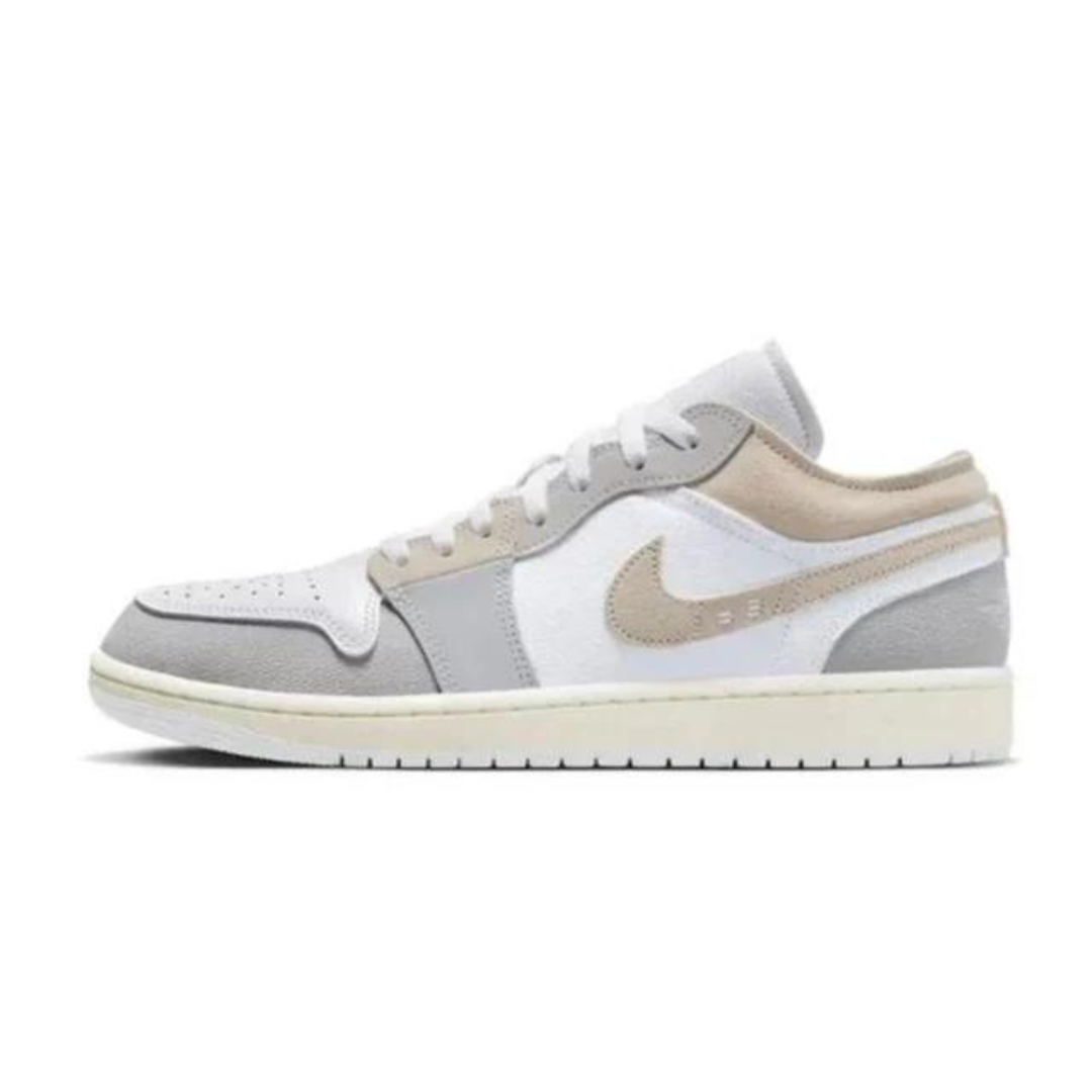 The upper of the Jordan 1 Low SE Craft Inside Out Tech Grey is made up of several materials, including as suede, textured leather, and synthetic materials. The collar and tongue are cushioned for comfort, and the lacing mechanism ensures a snug fit, available at Cop Underdog In-store and ready to ship.