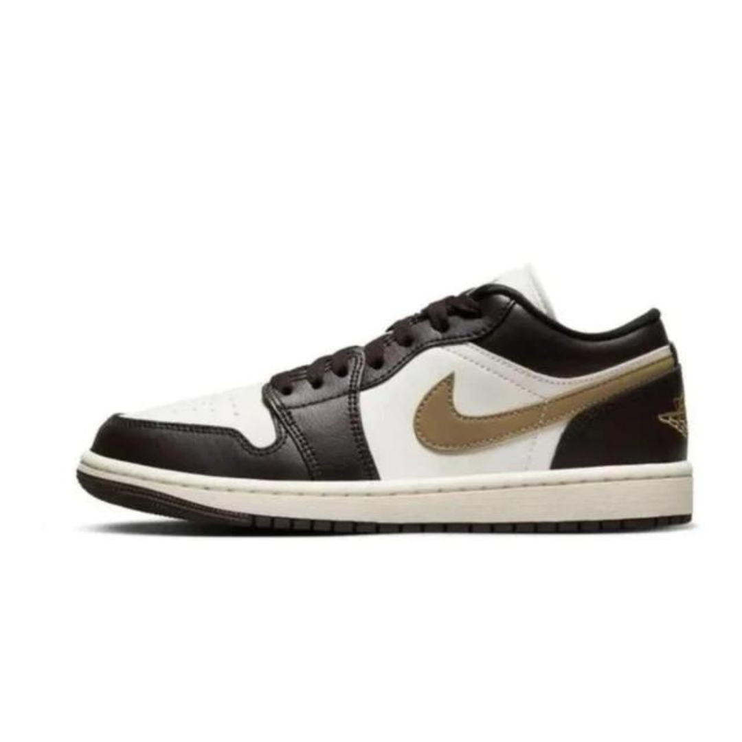 The Jordan 1 Low Shadow Brown (W) is a women’s-exclusive colorway of the retro basketball shoe with a casual appearance. The "Shadow Brown" has a Sail leather base with overlays made of black leather, available at Cop Underdog In-store and ready to ship.