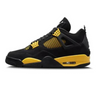 The Air Jordan 4 Retro 'Thunder' features Jumpman branding on the Flight tongue tag and molded heel tab, showcasing its iconic logo. The sneaker offers lightweight cushioning with a yellow polyurethane midsole, available at Cop Underdog In-store and ready to ship.