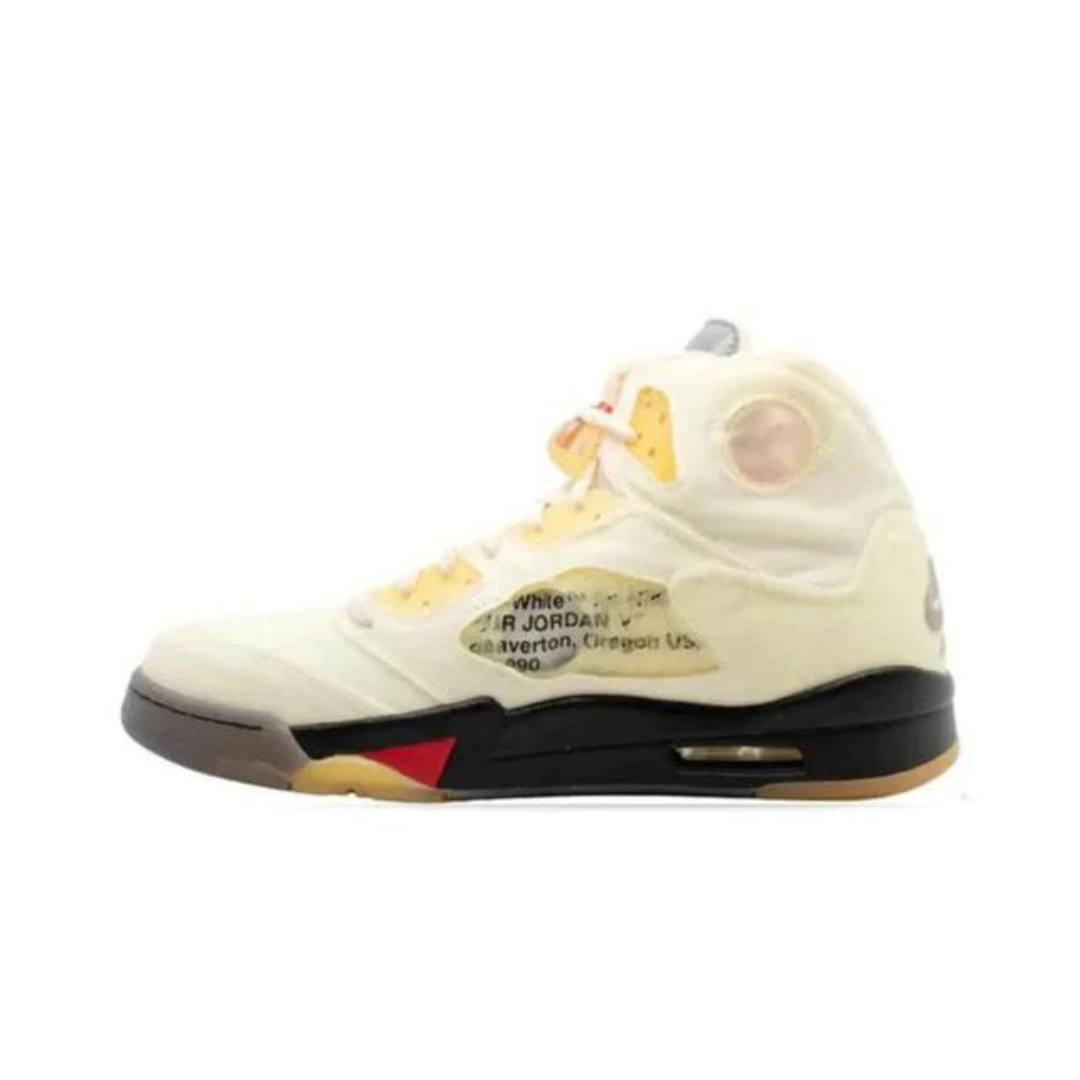 The Jordan 5 X Off-White Sail is comprised of a sail textile mesh upper with translucent netted panels and circular window inserts throughout the shoe, available at Cop Underdog In-store and ready to ship.