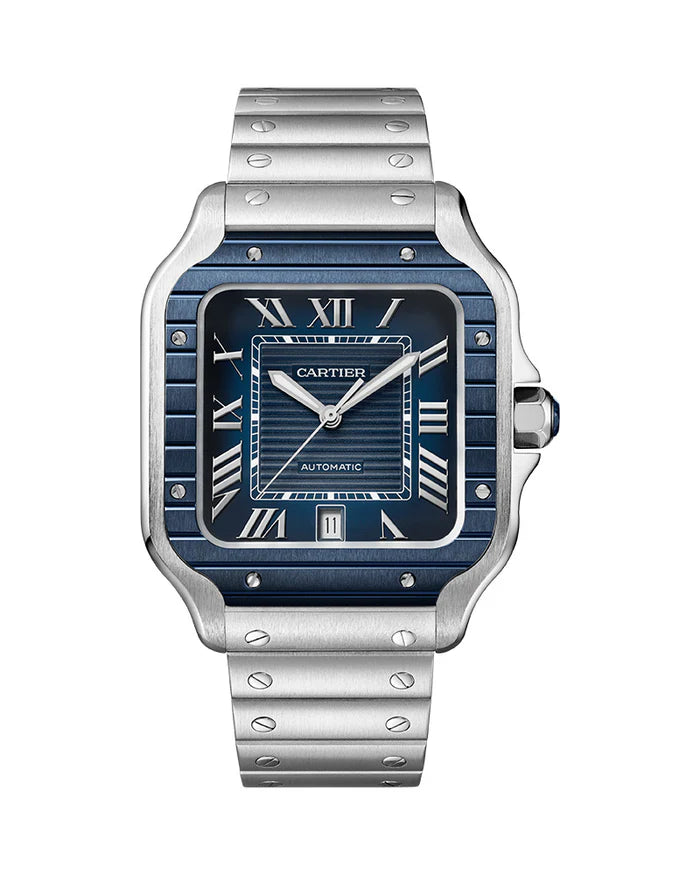 Santos de Cartier watch, large model, Manufacture mechanical movement with automatic winding, caliber 1847 MC. Steel case, PVD bezel, steel crown set with a faceted blue synthetic spinel, gray striated dial, steel sword-shaped hands with luminescent material also on the hour markers, sapphire crystal, available at Cop Underdog In-store and ready to ship.