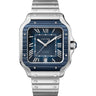 Santos de Cartier watch, large model, Manufacture mechanical movement with automatic winding, caliber 1847 MC. Steel case, PVD bezel, steel crown set with a faceted blue synthetic spinel, gray striated dial, steel sword-shaped hands with luminescent material also on the hour markers, sapphire crystal, available at Cop Underdog In-store and ready to ship.