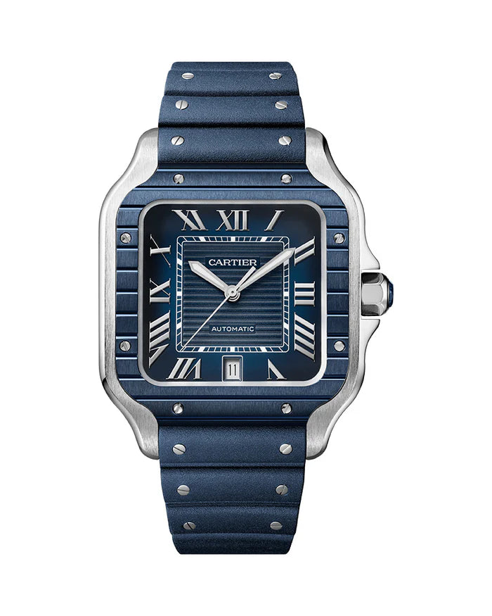 Santos de Cartier watch, large model, Manufacture mechanical movement with automatic winding, caliber 1847 MC. Steel case, PVD bezel, steel crown set with a faceted blue synthetic spinel, gray striated dial, steel sword-shaped hands with luminescent material also on the hour markers, sapphire crystal, available at Cop Underdog In-store and ready to ship.