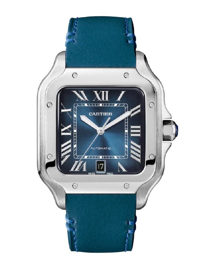Santos de Cartier watch, large model, mechanical movement with automatic winding 1847 MC. Steel case, 7-sided crown set with a synthetic faceted blue spinel, graduated green dial, polished steel sword-shaped hands with luminescent material, sapphire crystal. Steel bracelet with SmartLink adjustment system,  available at Cop Underdog In-store and ready to ship.