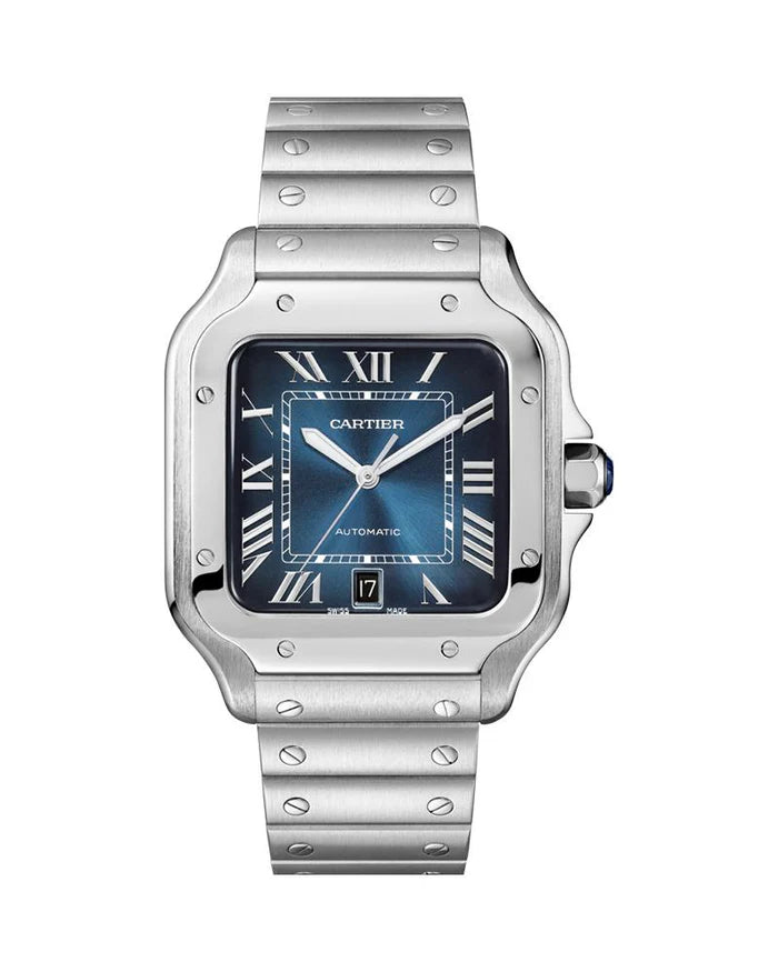 Santos de Cartier watch, large model, mechanical movement with automatic winding 1847 MC. Steel case, 7-sided crown set with a synthetic faceted blue spinel, graduated green dial, polished steel sword-shaped hands with luminescent material, sapphire crystal. Steel bracelet with SmartLink adjustment system,  available at Cop Underdog In-store and ready to ship.