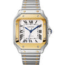 Santos watch, medium model, mechanical movement with automatic winding, calibre 1847 MC. Steel case and 18K yellow gold bezel, 7-sided crown set with a faceted synthetic spinel, silvered opaline dial, blued-steel sword-shaped hands, sapphire crystal, available at Cop Underdog In-store and ready to ship.