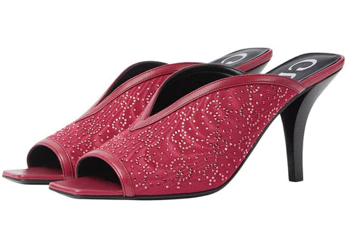 Gucci GG Crystal 75mm Heeled Sandal (Cherry Red Moire Fabric)