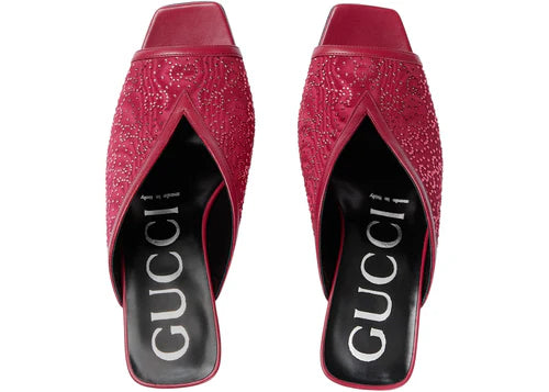 Gucci GG Crystal 75mm Heeled Sandal (Cherry Red Moire Fabric)